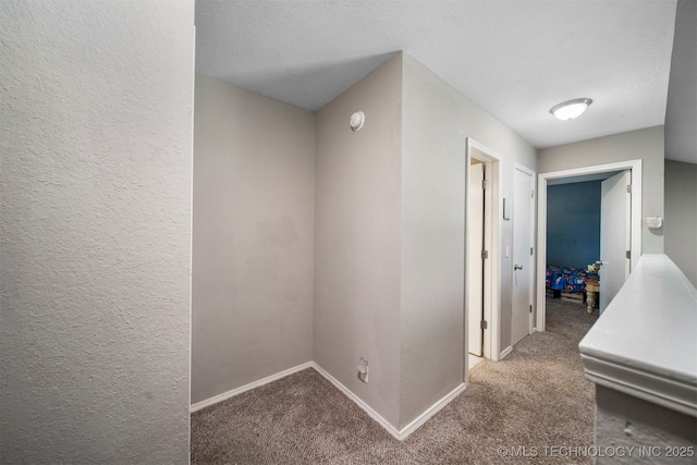 hall with carpet flooring and a textured ceiling