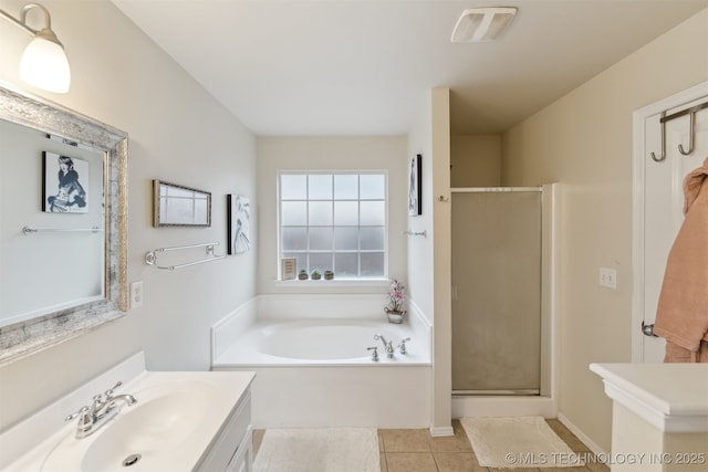 bathroom with vanity, separate shower and tub, and tile patterned flooring