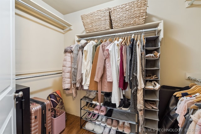 walk in closet with dark wood-type flooring