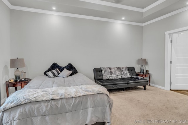 carpeted bedroom with crown molding