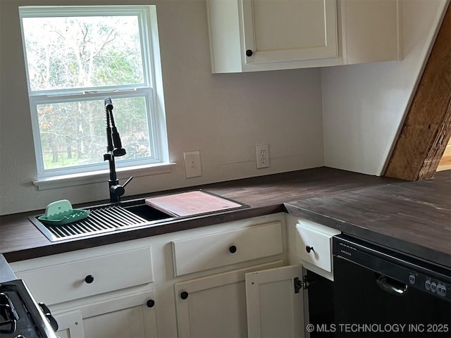 kitchen with white cabinetry, black dishwasher, and sink