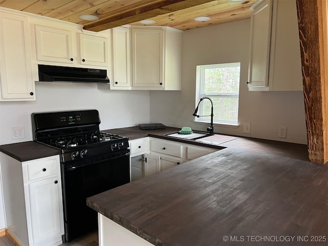 kitchen with black gas range, sink, wood ceiling, and white cabinets