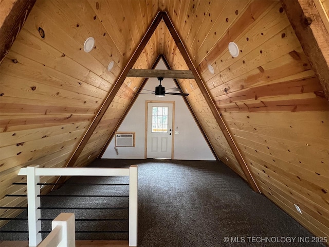 bonus room featuring lofted ceiling, wooden ceiling, an AC wall unit, and wood walls