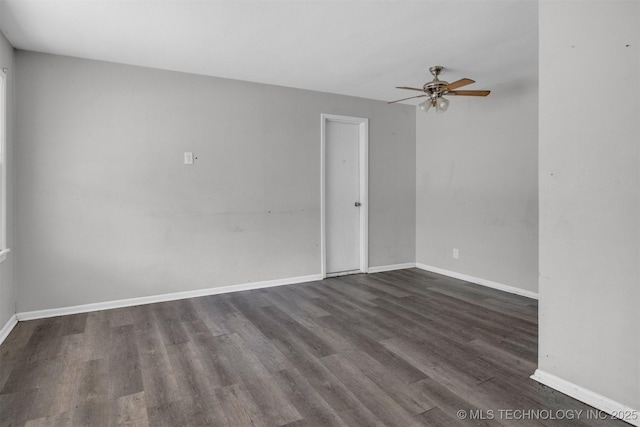 unfurnished room featuring dark hardwood / wood-style floors and ceiling fan