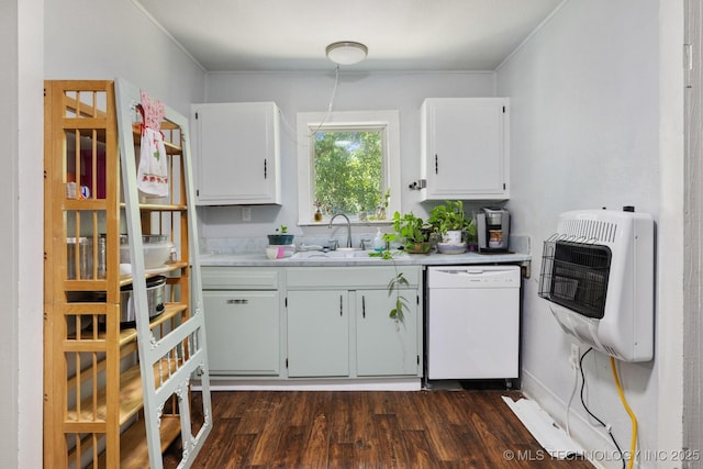 kitchen with white cabinetry, dishwasher, sink, and heating unit
