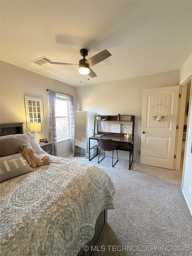 bedroom with carpet flooring and ceiling fan