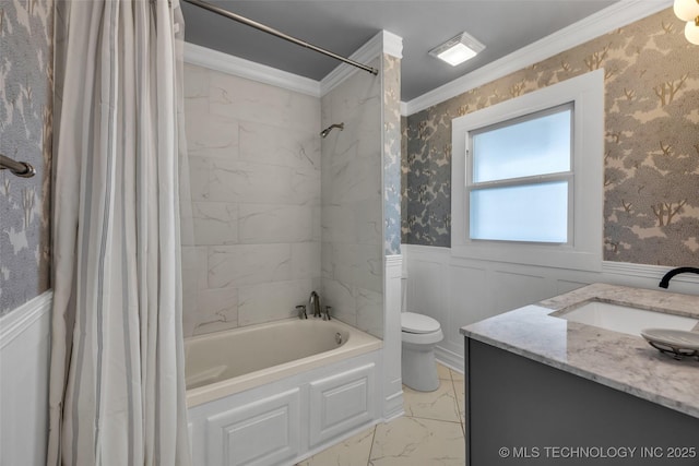 full bathroom with crown molding, toilet, shower / bathtub combination with curtain, and vanity