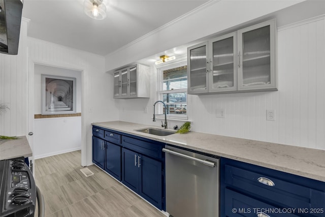 kitchen with crown molding, sink, stainless steel dishwasher, and blue cabinetry