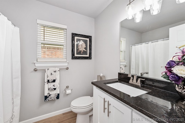 bathroom featuring vanity, wood-type flooring, and toilet