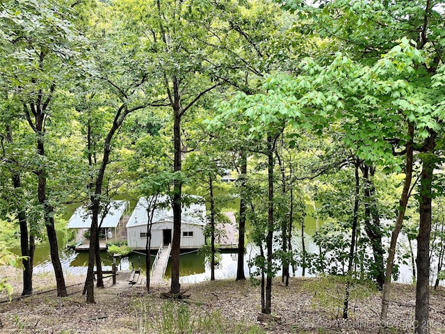 exterior space with a water view and a dock