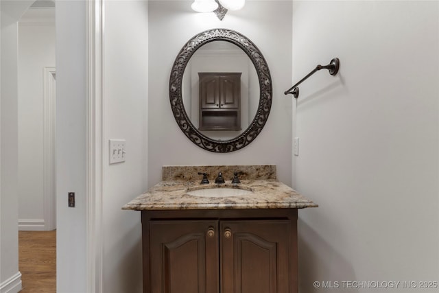 bathroom featuring vanity and wood-type flooring