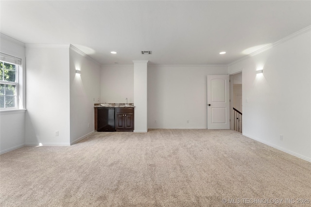 carpeted empty room with crown molding and wet bar