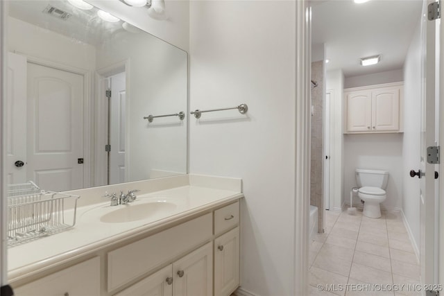 full bathroom featuring shower / bath combination, vanity, tile patterned floors, and toilet