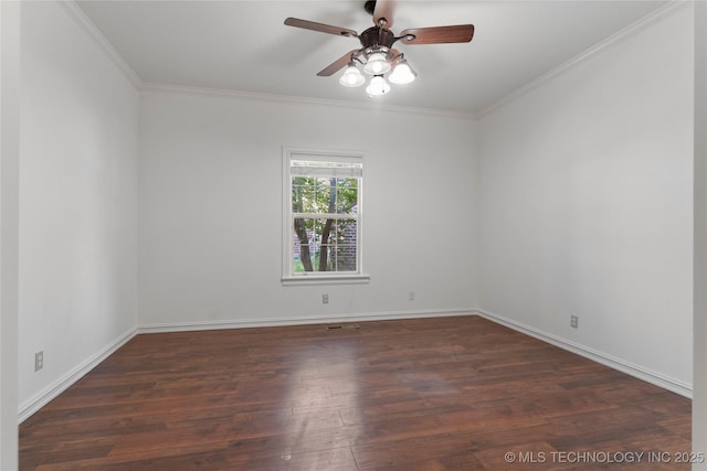 unfurnished room featuring crown molding, ceiling fan, and dark hardwood / wood-style flooring