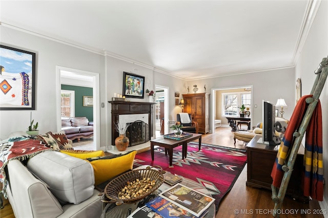 living room featuring dark wood-type flooring, ornamental molding, and a premium fireplace