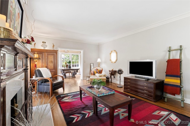 living room with hardwood / wood-style flooring, a fireplace, and crown molding