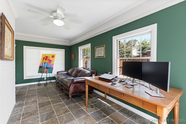 home office with ceiling fan and ornamental molding