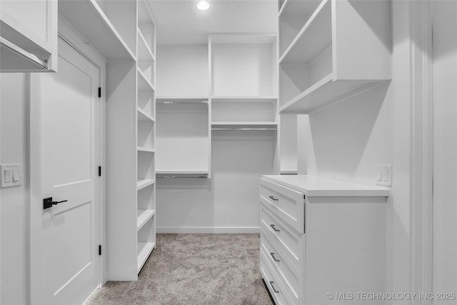 walk in closet with light carpet