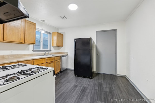 kitchen with sink, black fridge, hanging light fixtures, stainless steel dishwasher, and white range with gas cooktop