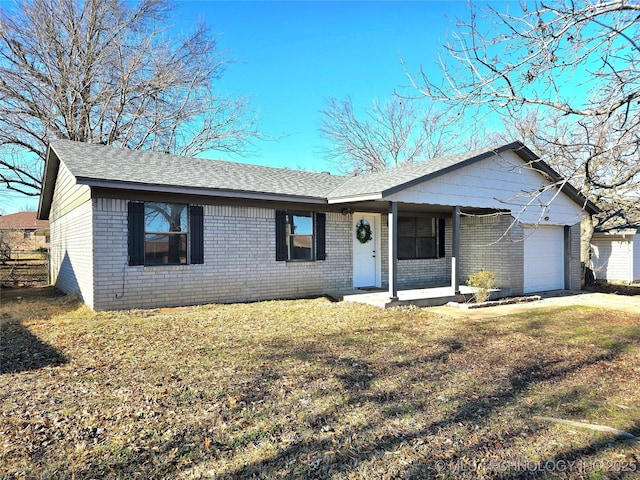 ranch-style home with a porch, a garage, and a front yard