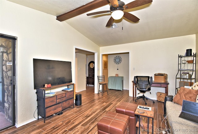 living room with dark wood-type flooring, ceiling fan, and vaulted ceiling with beams