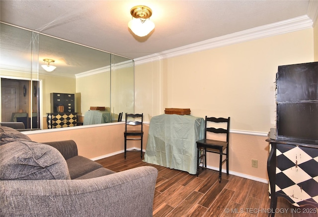 living room with ornamental molding and dark hardwood / wood-style flooring