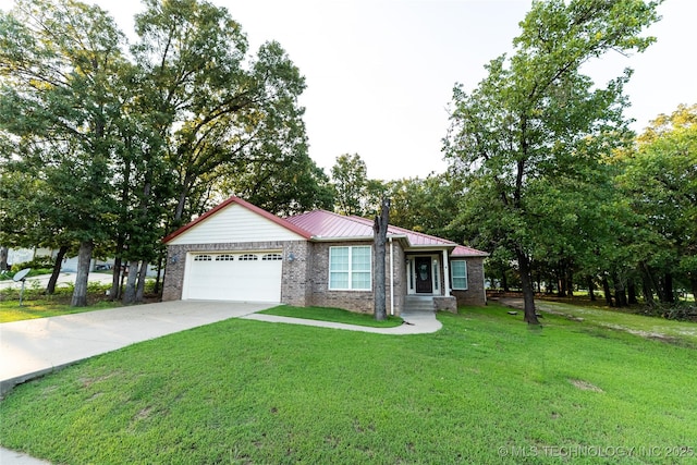 ranch-style house featuring a garage and a front yard