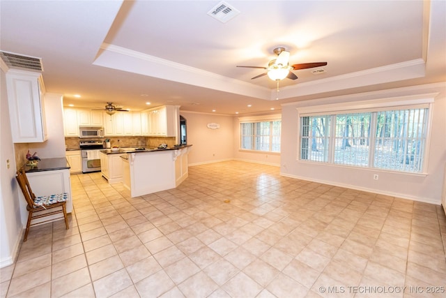 kitchen featuring white cabinets, ceiling fan, a tray ceiling, stainless steel appliances, and crown molding