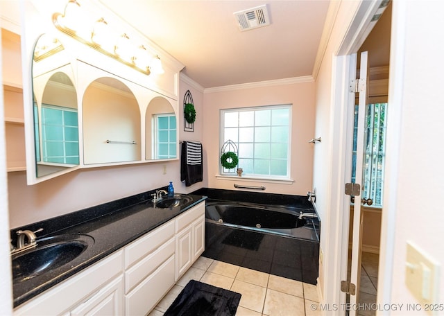 bathroom with vanity, a bath, tile patterned floors, and ornamental molding