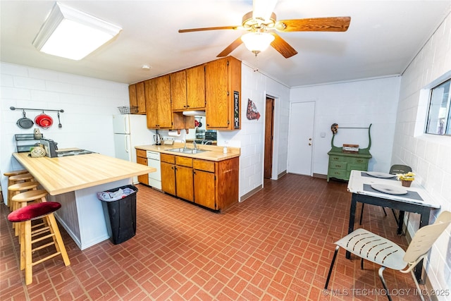 kitchen with ceiling fan, white appliances, and sink