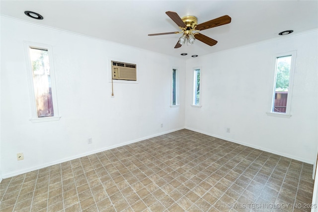 unfurnished room with crown molding, ceiling fan, and a wall unit AC