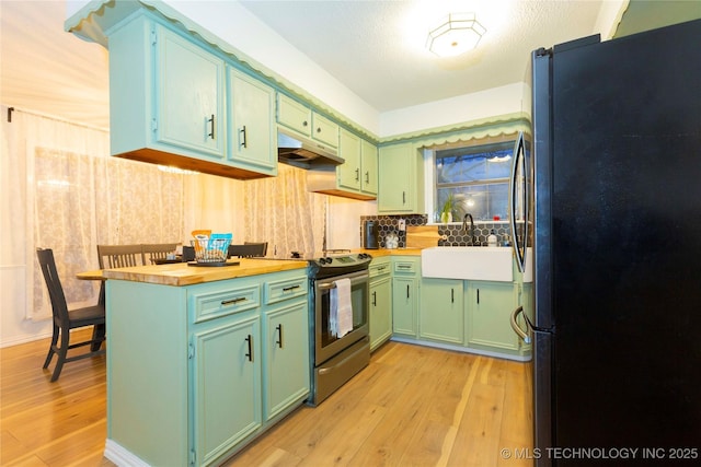 kitchen with sink, electric range, light hardwood / wood-style floors, and refrigerator