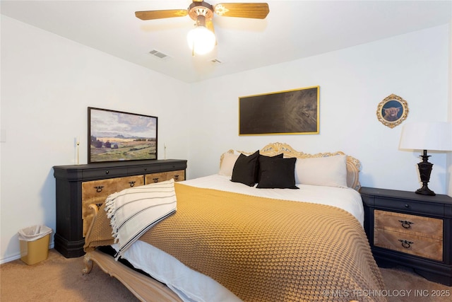 bedroom with ceiling fan and carpet flooring