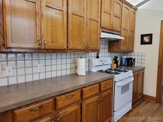 kitchen with dark hardwood / wood-style floors, white gas range oven, and decorative backsplash