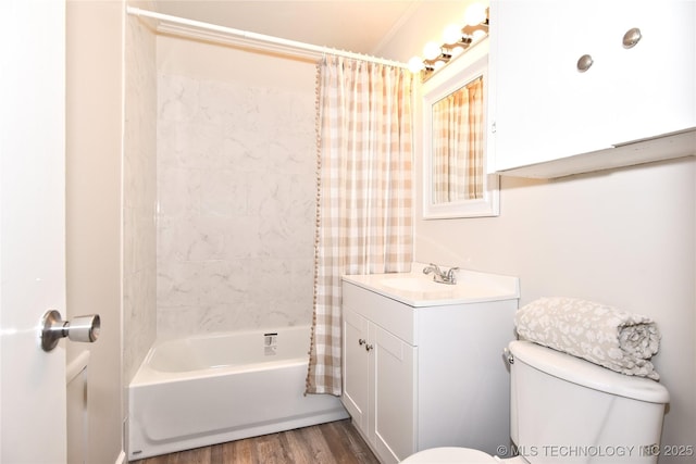 full bathroom with shower / bathtub combination with curtain, vanity, wood-type flooring, and toilet