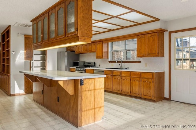 kitchen with appliances with stainless steel finishes, a breakfast bar, sink, and a kitchen island