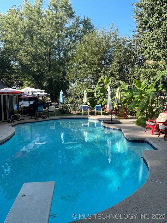 pool with a patio and a diving board