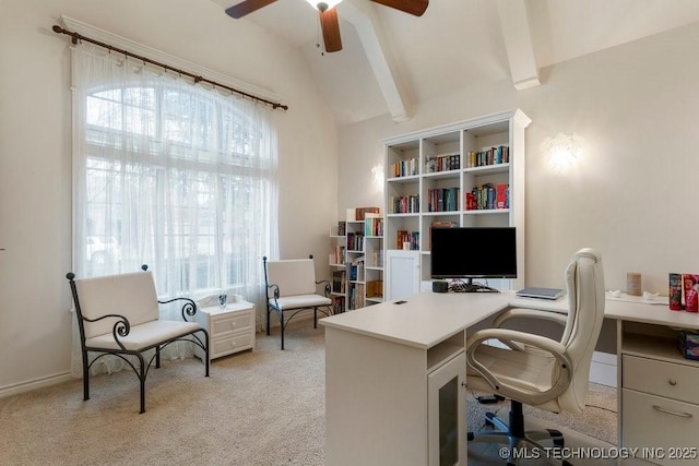 office space featuring light carpet, vaulted ceiling with beams, and ceiling fan