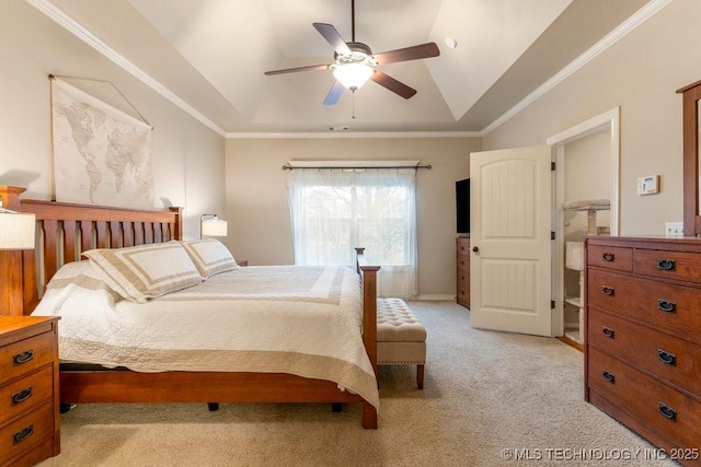 carpeted bedroom with a raised ceiling, crown molding, lofted ceiling, and ceiling fan