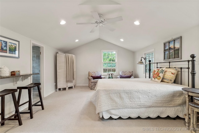 bedroom with light carpet, baseboards, ceiling fan, vaulted ceiling, and recessed lighting