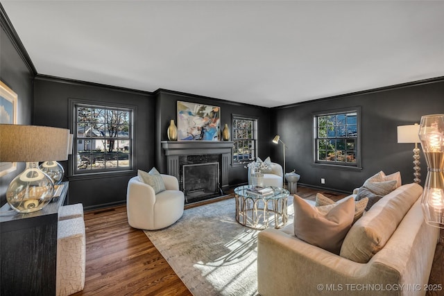 living room featuring a healthy amount of sunlight, a fireplace, wood finished floors, and crown molding