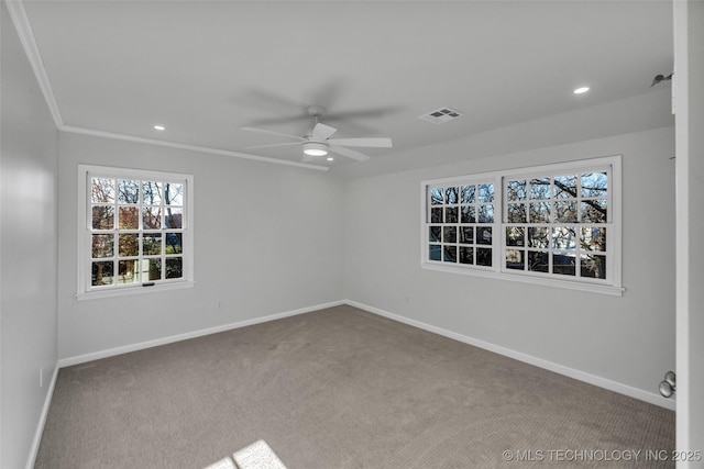 carpeted empty room featuring recessed lighting, visible vents, ceiling fan, and baseboards