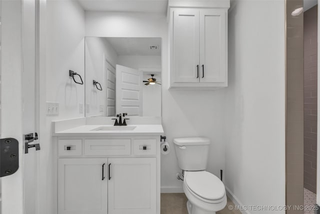 bathroom featuring ceiling fan, vanity, toilet, and tile patterned flooring