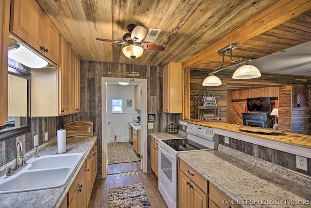 kitchen featuring sink, white electric range oven, dark hardwood / wood-style flooring, decorative light fixtures, and wooden ceiling