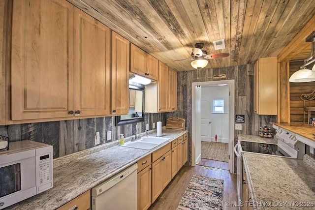 kitchen featuring sink, wood ceiling, white appliances, hanging light fixtures, and dark hardwood / wood-style floors