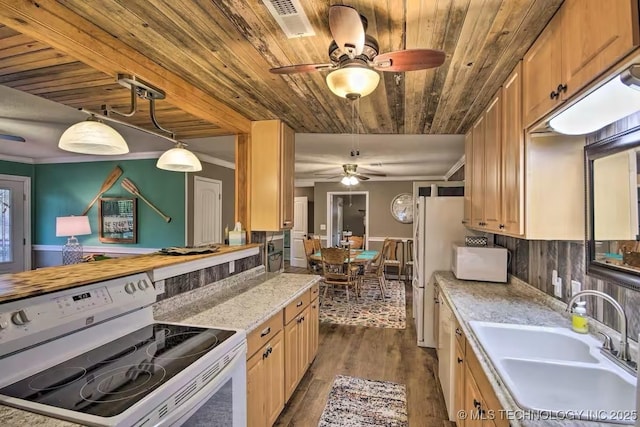 kitchen featuring pendant lighting, white electric range, sink, wood ceiling, and dark wood-type flooring