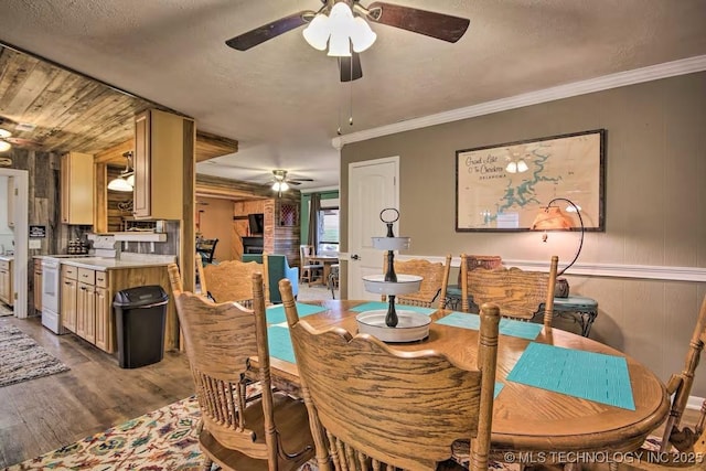 dining room featuring a textured ceiling, dark wood-type flooring, ornamental molding, and ceiling fan