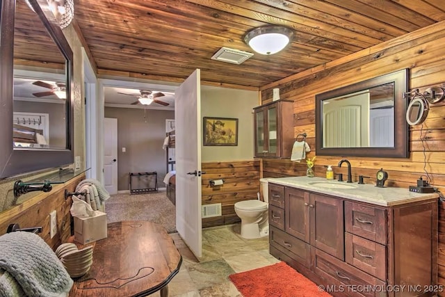 bathroom featuring wood walls, vanity, ceiling fan, toilet, and wood ceiling