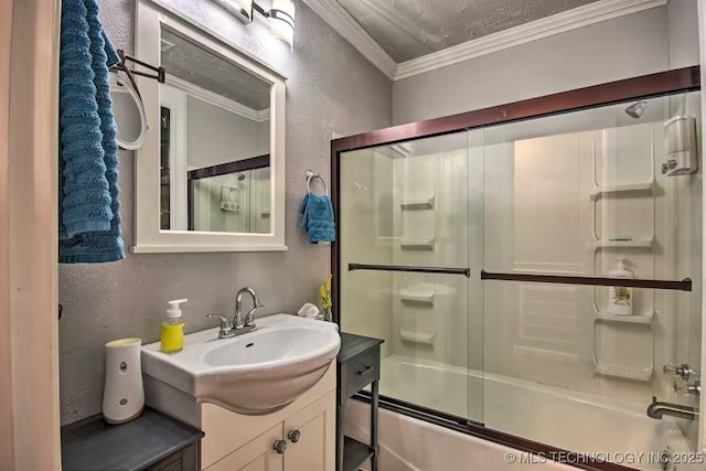 bathroom with crown molding, vanity, and bath / shower combo with glass door