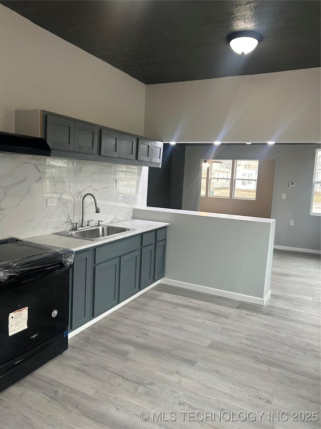 kitchen featuring sink, gray cabinetry, backsplash, black electric range, and light hardwood / wood-style flooring